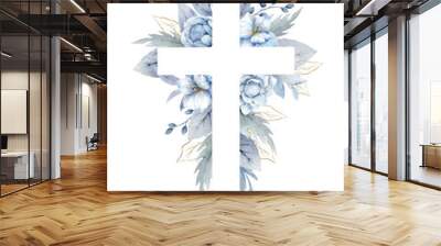 Christian cross with blue flowers and leaves. Easter catholic religious symbol. Vector illustration for Epiphany, Christening, baptism, cards, invitations. Wall mural