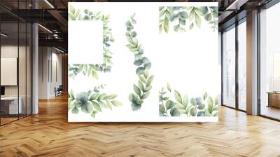 Eucalyptus leaves and greenery borders set.  Watercolor green leaves and branches. C for invitations, greeting cards, save the date, albums. Hand drawn illustration. Wall mural