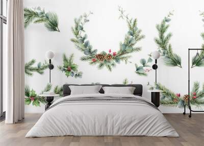 Watercolor Christmas  fir branches and eucalyptus greenery wreaths set.  Borders for holiday greeting card, invitation,  fashion, background. Hand painted illustration. Xmas template. Wall mural