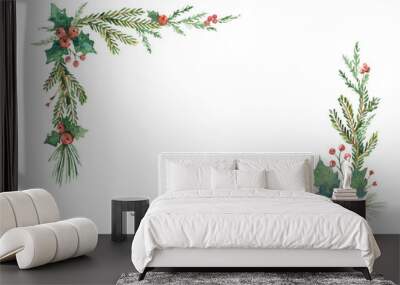 Watercolor Christmas  with fir branches and place for text. Illustration isolated on transparent background. Wall mural