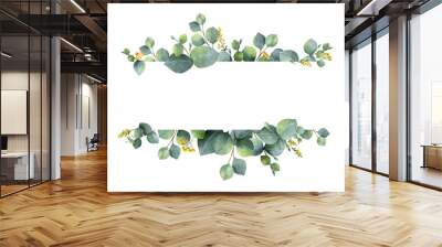 Watercolor green floral banner with silver dollar eucalyptus leaves and branches isolated on white background. Wall mural