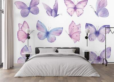 Watercolor set of bright purple vector hand painted butterflies. Wall mural