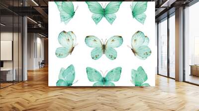 Watercolor set of bright turquoise hand painted butterflies. Wall mural