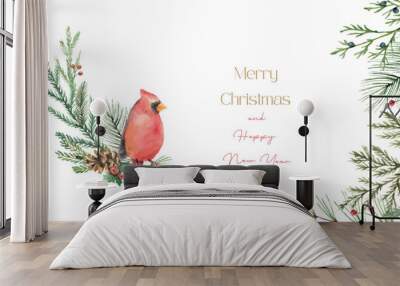 Watercolor vector Christmas card with cardinal bird, fir branches and place for text. Wall mural