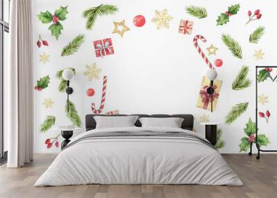 Watercolor vector Christmas card with fir branches and festive decorations. Wall mural