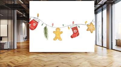 Watercolor vector Christmas garland with lights and gifts. Wall mural