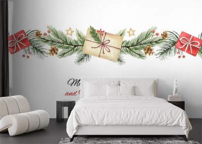 Watercolor vector Christmas wreath with green fir branches and gift. Wall mural