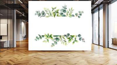 Watercolor vector hand painting horizontal banner with green leaves and branches. Wall mural