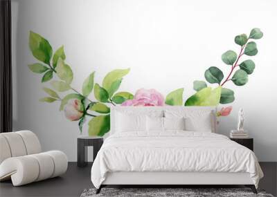 Watercolor vector hand painting wreath of pink flowers and green leaves. Wall mural