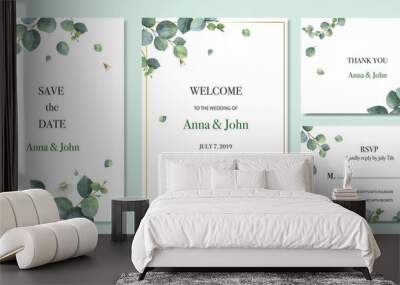 watercolor vector set wedding invitation card template design with green eucalyptus leaves. Wall mural