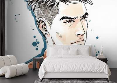 Fashion man, close up portrait. Modern haircut, stylish handsome guy Wall mural