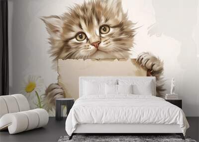 A gray kitten holding a plain sheet of paper in its paws, along with daisies on a vintage gray background. Calendar art. Illustration. Sketch. Wall mural