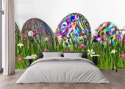 Colorful Easter eggs in beautiful grass - 3D render Wall mural