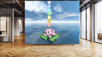 Seven chakra symbols column upon one lotus flower and water in sunset background - 3D render Wall mural