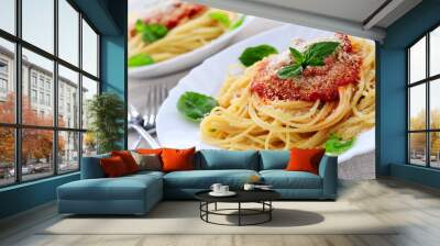 pasta with tomato sauce basil and grated parmesan Wall mural