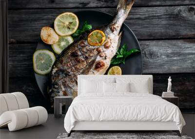 Grilled Dorado fish with lemon and tomato Wall mural