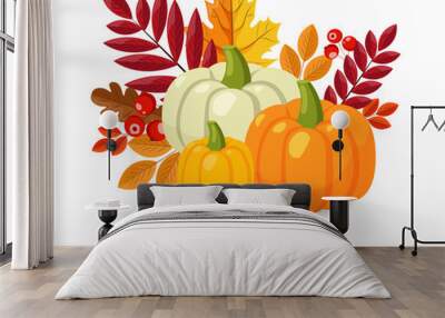 Hello autumn, sale banner, flat pumpkin set and colored leaves, autumn illustration Wall mural