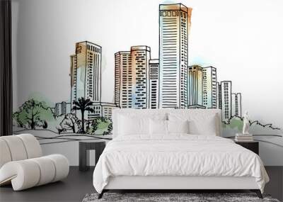 Colorful urban modern cityscape. Hand drawn line sketch. Vector illustration on background watercolor Wall mural