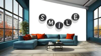 Black and white letter beads arranged to spell smile on white background with shadows Wall mural