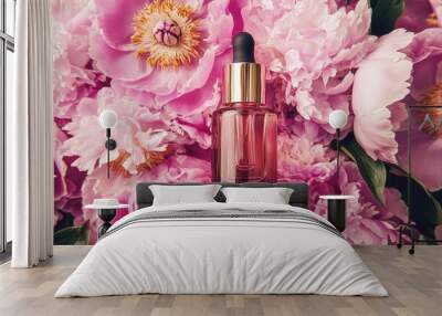 Elegant perfume bottle surrounded lush pink peonies Wall mural