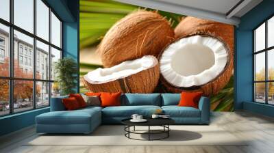 Fresh coconuts halved on wooden table with green leaves Wall mural