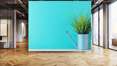 Fresh green plant in silver watering can blue background Wall mural