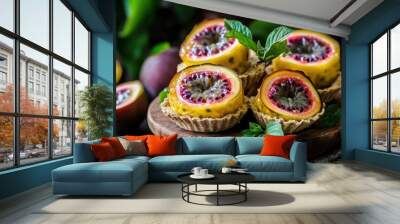 Fresh passion fruit tarts on rustic wooden table Wall mural