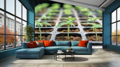 Fresh young cannabis plants in cultivation tray Wall mural