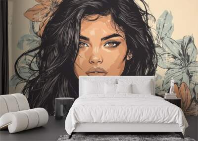 portrait of young woman with floral background Wall mural