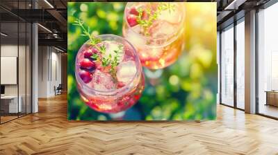 Refreshing summer cocktails with cranberries thyme in sunlight Wall mural