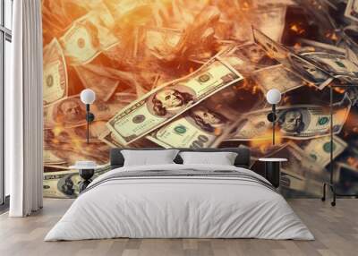 Inflation or burning money concept with pile of dollar bills on fire. US money burning. Pile of 100 dollar notes on table on fire. A burning pile of dollar bills symbolizing financial losses concept Wall mural