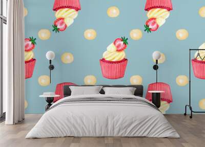 Sweet delicious watercolor pattern with cupcakes. Hand-drawn background. illustration. Wall mural