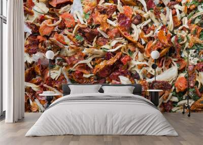 Dried spices, sun-dried tomatoes, dried carrots, Basil and Provencal herbs. Close-up Selective focus. Wall mural