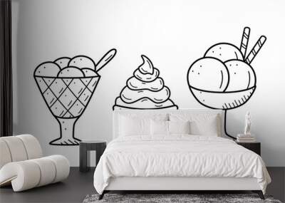 Ice cream set in creamers and baskets doodle style. Vector illustration of summer refreshing desserts. Icons for the cafe restaurant menu. Wall mural