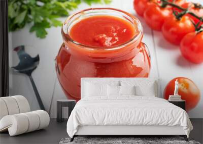 Tomatoes in their own juice or Tomato paste in a glass jar and fresh tomatoes on a white wooden table. Wall mural