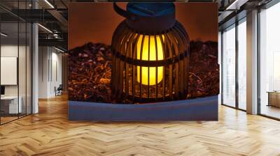 Garden Light. Isolated.Decorative solar lantern in garden pot resting on soil creating a soft moody atmosphere at night. Stock Image. Wall mural