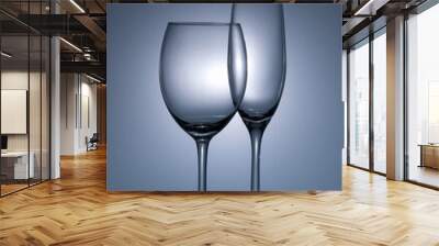 Two wine glasses of smooth white glass on a gray-blue background. Monochrome. Wine glass and champagne glass. Still life. Wall mural