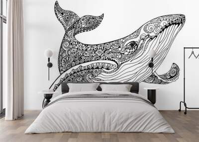 Illustration Whale for adult anti stress coloring pages. Ornamental tribal patterned illustration for tattoo, poster or print. Hand drawn monochrome sketch. Sea animal collection. Wall mural