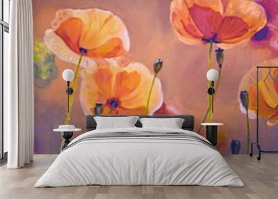 Oil  painting red poppy  flowers.  Spring  floral nature backgro Wall mural