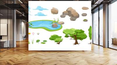 Landscape constructor. Set of different nature forests and hills. Set of rocks and mountains, trees and clouds, rives Wall mural