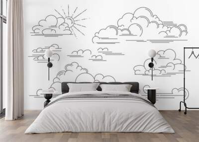 vector linear clouds. set of isolated contour images of clouds, wind and storm eddy. outline vector  Wall mural