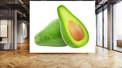 Avocado fruit, two pieces, whole and cut isolated on white background with clipping path, element of packaging design. Full depth of field. Wall mural