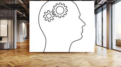 Contour of a human head with gears instead of a brain from black curves lines on white background. Vector illustration.. Wall mural