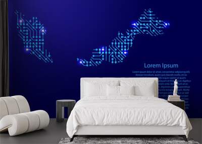 Map Malaysia from printed board, chip and radio component with blue star space on the contour for banner, poster, greeting card, of vector illustration. Wall mural