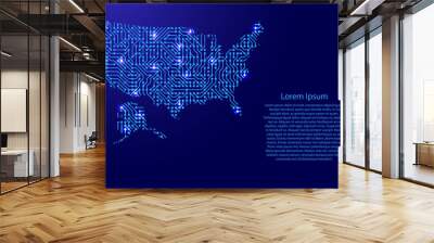 Map United States of America from printed board, chip and radio component with blue star space on the contour for banner, poster, greeting card, of vector illustration. Wall mural