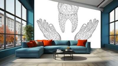 Tooth human with roots and two holding, protecting hands from abstract futuristic polygonal black lines and dots. Vector illustration. Wall mural