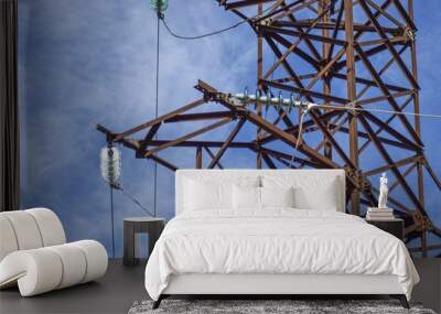 supports high-voltage power lines against the blue sky with clou Wall mural