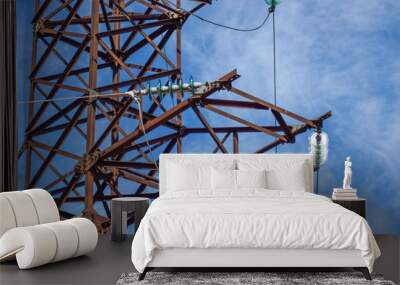 Supports high-voltage power lines against the blue sky with clouds. Electrical industry Wall mural