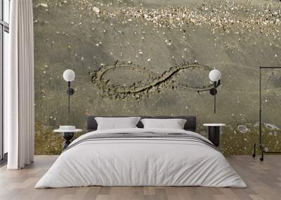 The sign of infinity on the sea. Coastal sand on the beach. The symbol of infinity Wall mural