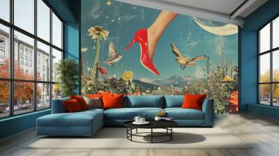 Abstract collage of a woman's leg with red shoes on heels. Creative retro but contemporary pop art collage in vivid colors. Vintage night sky in the background with fashionable flowers. Wall mural